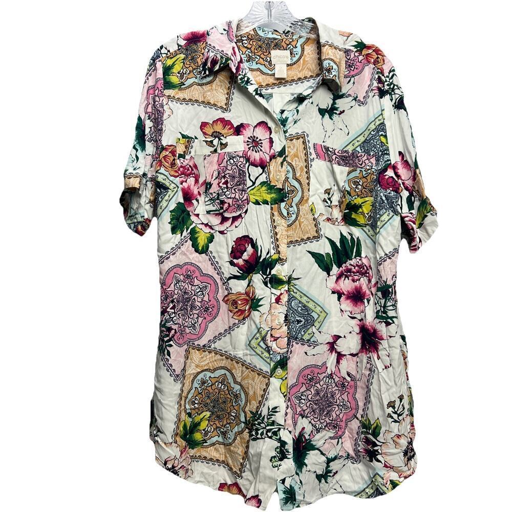 Chicos Silky Soft Floral Tiles Button Up Tunic Size 2